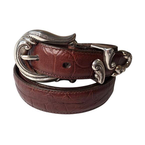 VTG Brighton Y2K Brown Croc Embossed Leather Belt 2X Ornate Scroll Buckle Silver main image 6